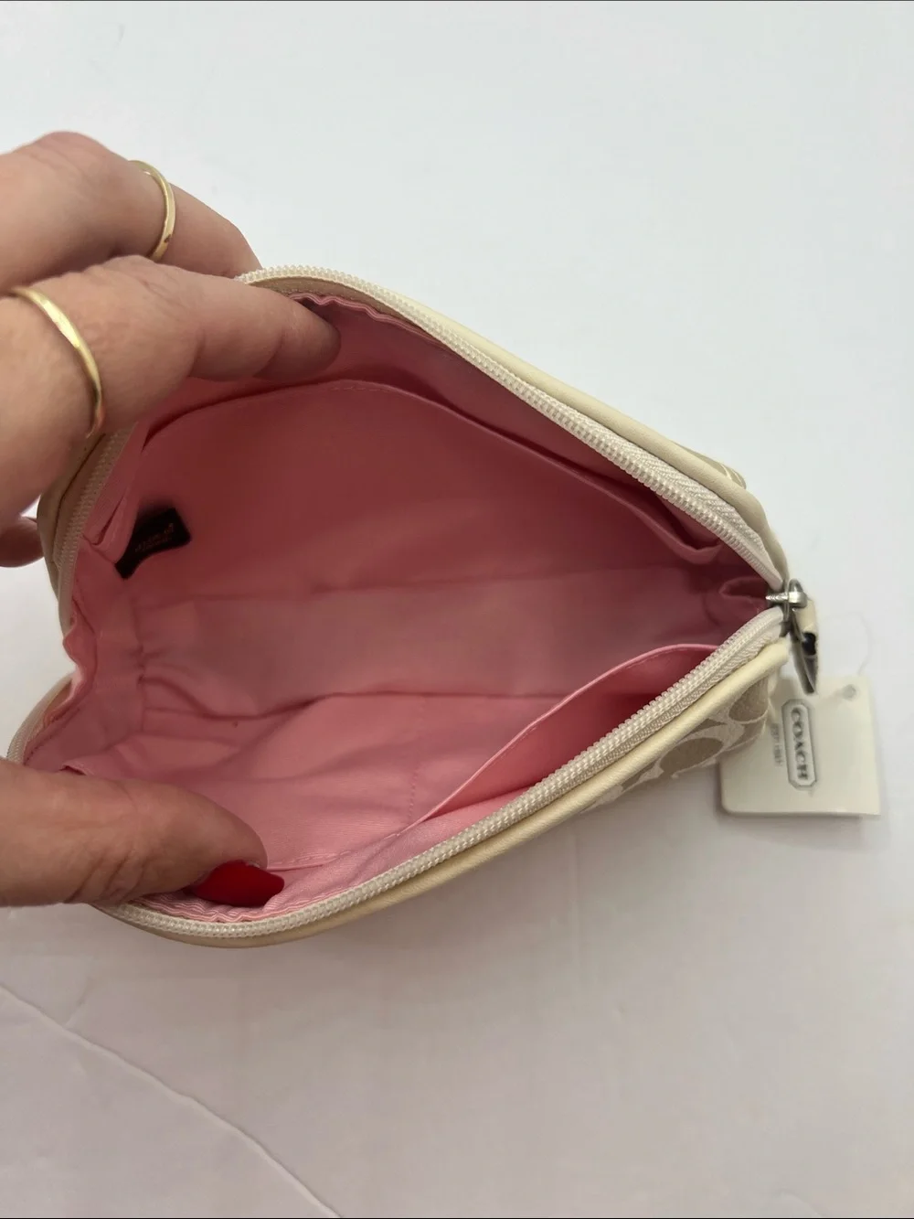 Coach Beige Signature Cosmetic Case with Pink Center Stripe